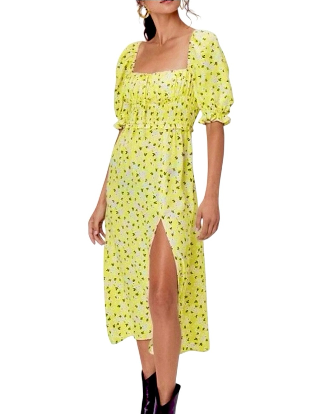 NWT For Love & Lemons Chrysanthemum Floral Midi Dress Yellow Size Small